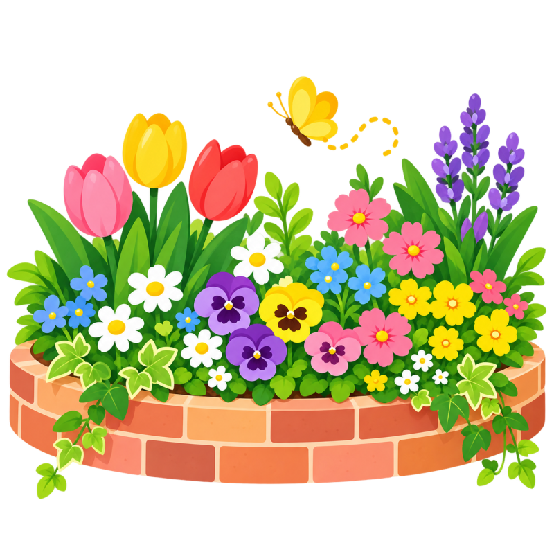カラフルな春の花壇と蝶